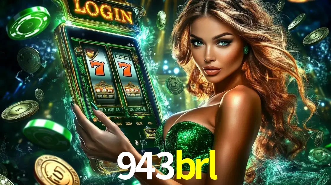 Mulher com tema verde apresentando o aplicativo do cassino 943brl com um jogo de slot de 777, cercada por fichas de cassino e uma aura de sorte.