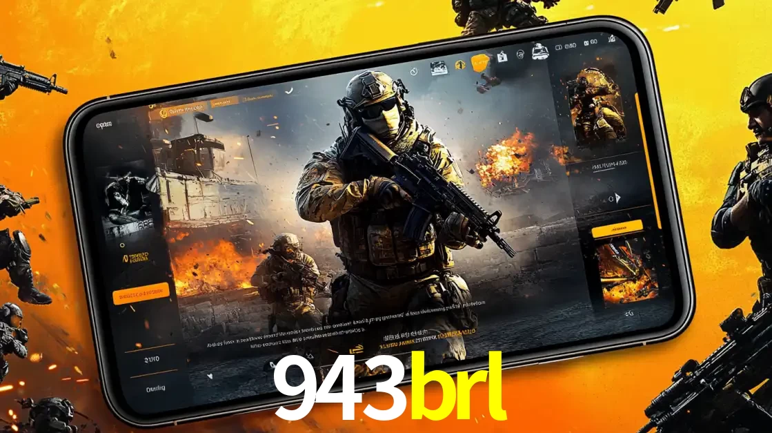Um smartphone exibindo a interface de um jogo de tiro em primeira pessoa, com um soldado em um cenário de batalha, representando a ação dos e-sports para apostar no 943brl.
