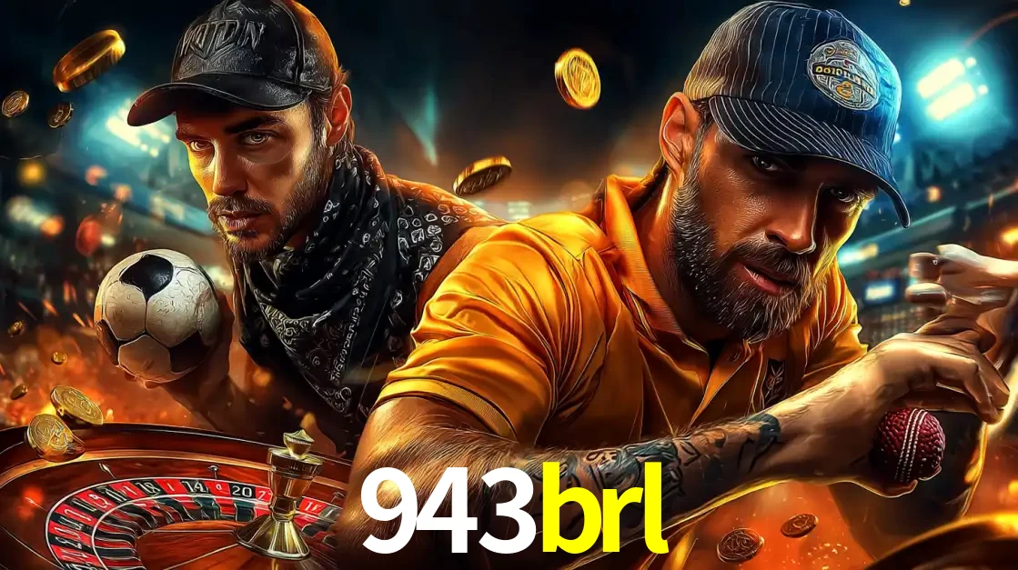 Montagem de apostas esportivas e cassino no 943brl, com um homem segurando uma bola de futebol e outro uma de beisebol sobre uma roleta e moedas voadoras.