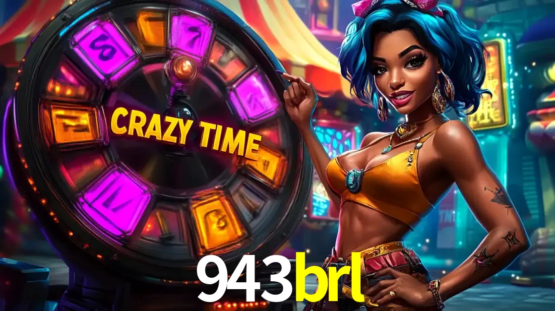 Mulher estilizada com cabelo azul e visual vibrante posando ao lado da roda de prêmios do game show Crazy Time, convidando para a diversão e os bônus do cassino 943brl.