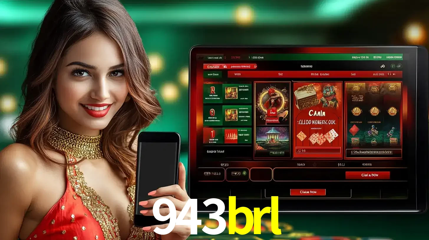 Mulher sorridente segurando um smartphone, ao lado de uma tela exibindo o lobby de jogos do cassino online 943brl, com várias opções de jogos de cartas e slots.